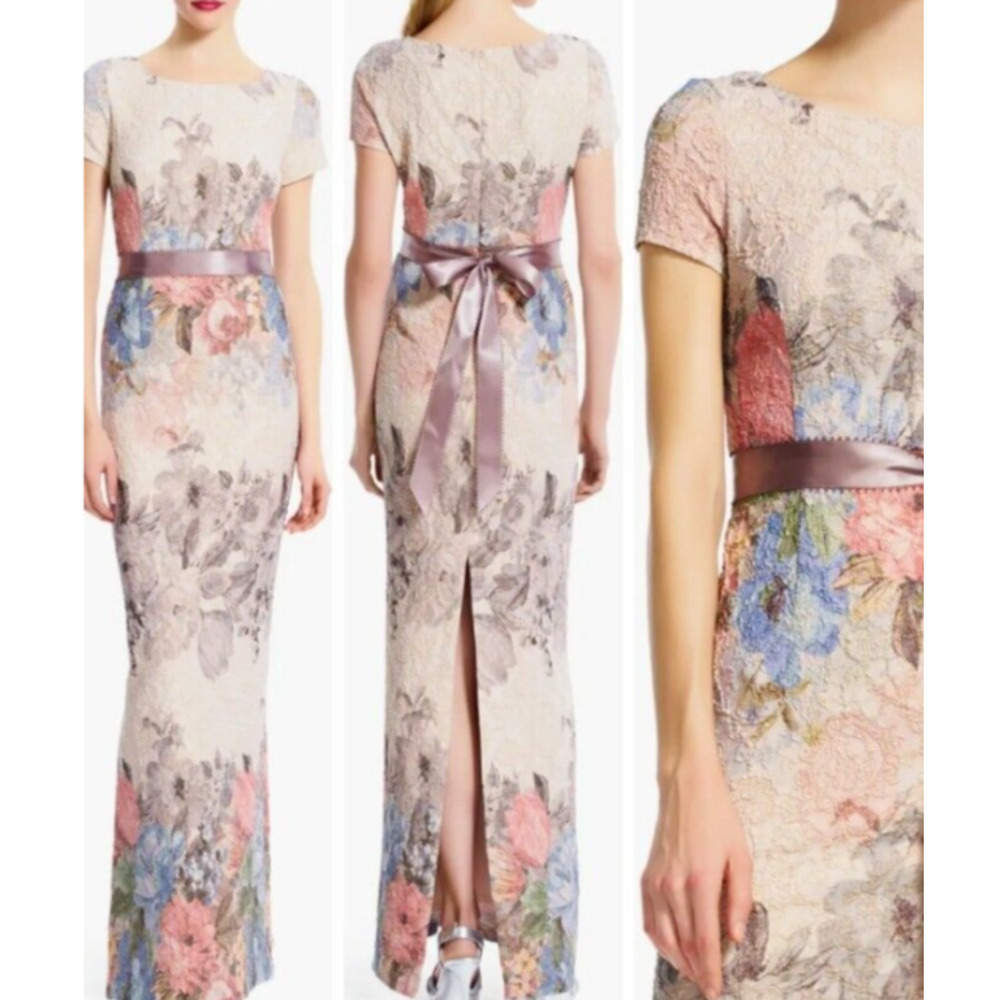 Adrianna Papell Melinda Gown 4 Pastel Matelasse Floral Dress Formal Bridgerton